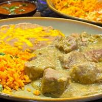 Chile Verde · Chunks of fresh pork, sautéed with mild green chilis, fresh tomatoes and onions. Simmered in...