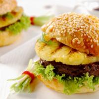 Hawaiian Burger · Delicious Hawaiian Burger freshly prepared and cooked to perfection. Topped with pineapple, ...