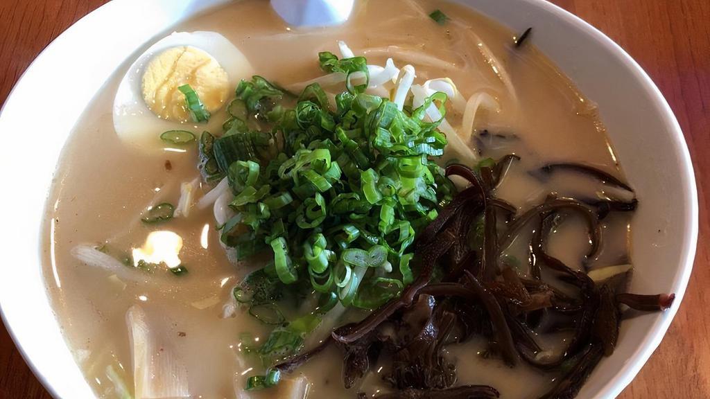 TonKotsu pork ramen · milky broth soup with cha-shu pork and vegetables + egg