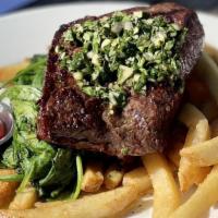 Flat Iron Steak Frites · Niman ranch flat iron steak, chimichurri, garlic greens, fries.