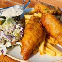 Battered Fish + Chips · local rock cod, tarter sauce, fries, cole slaw