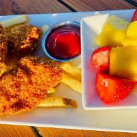 Kids Fried Chicken Tenders · Fried chicken tenders with fresh fruit and French fries