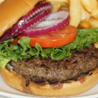 Flipper Burger · 1/2 lb. Niman Ranch beef, served with mayo, lettuce, tomato, and onions.