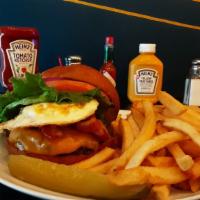 Morning Dew Burger · 1/2 lb. Niman Ranch beef, topped with fried egg, apple wood bacon, cheddar cheese, lettuce, ...