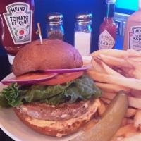 Turkey Burger    · 1/2 lb. seasoned ground white turkey breast with roasted red pepper mayo, lettuce, tomato, a...
