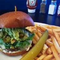 South of the Boarder   · 1/2 lb. Niman Ranch beef, topped with homemade spicy guacamole, jalapeño mayo, lettuce, and ...