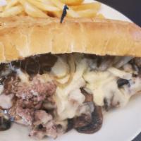 Philly Cheese Steak   · Skirt steak with sautéed mushrooms, onions, green bell peppers, and provolone on a French ro...