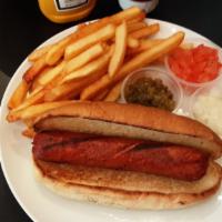 Jumbo Kosher Dog      · 100% kosher beef hot dog on a hot dog bun with chopped tomatoes, and onions on the side,