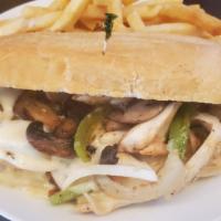 Philly Chicken & Cheese   · Skirt steak with sautéed mushrooms, onions, green bell peppers, and provolone on a French ro...