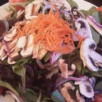 House Salad · Spring mix, tomatoes, red onions, mushrooms with homemade balsamic vinaigrette.