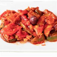 Shakshuka · Sautéed eggplant, bell peppers, zucchini, onion with tomato sauce. (Vegan)