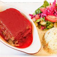 MusakkaPlate · Vegetarian. Packed eggplant, zucchini, bell peppers, mushroom, celery, spinach, potatoes, an...
