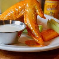 Chicken Wing · 1 whole chicken wing(3 bones), louisiana hot sauce, bleu cheese dressing, celery and carrot ...