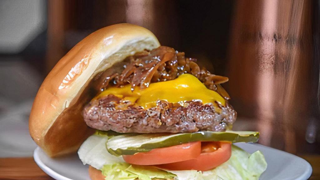 Bourbon Cheeseburger · 1/2 pound california certified angus beef, bourbon onion relish, cheddar cheese, lettuce, tomato, pickles on a brioche bun
