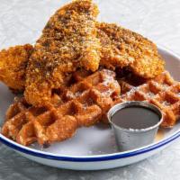 Corn Flake Fried Chicken and Waffles · Belgian Waffle, Corn Flake Crusted Fried Chicken, and Maple-Sriracha Syrup