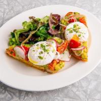 Avocado Toast · Grilled Artisan Bread topped with Fresh Avocado, Oven Roasted Tomatoes, Marinated Shallots, ...