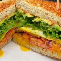 BLTA & Egg Sandwich · Two fried eggs, bacon, lettuce, tomato, avocado, chipotle mayo service with one side