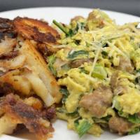 Joe's Scramble · Three eggs scrambled with sausage, spinach, mushroom & green onion, toped with parmesan cheese