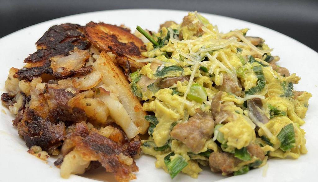 Joe's Scramble · Three eggs scrambled with sausage, spinach, mushroom & green onion, toped with parmesan cheese
