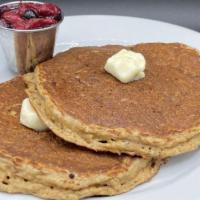 Whole Grain Yogurt Pancakes · Oat flour, whole rolled oats, oat bran, yogurt, egg whites, apples, prunes with a side of wa...