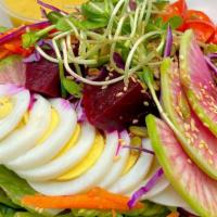Bountiful Green Salad · Shredded carrots & cabbage, picked beets, tomato, cucumber, radish, mixed beans, hard boiled...