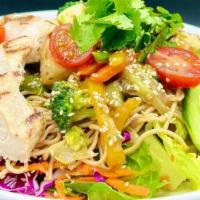Thai Chicken Salad · Chicken breast, mixed greens, crunchy veggies, noodles, tomato, cucumber, cilantro, sesame s...