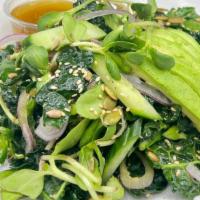 Kale Salad · Dino kale, sunflower sprouts, red onion, cucumber, avocado, pumpkin seeds, sesame & sunflowe...