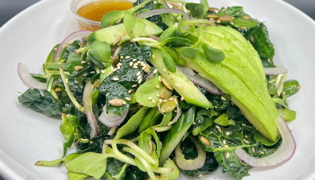 Kale Salad · Dino kale, sunflower sprouts, red onion, cucumber, avocado, pumpkin seeds, sesame & sunflower seeds, served with Braggs amino dressing