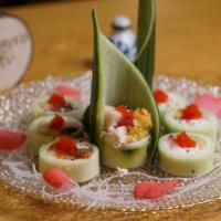 21. Greenie Roll · Crabmeat, tuna, salmon, hamachi, tempura shrimp, unagi wrapped with peeled cucumber, unagi s...