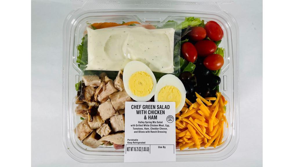 Chef Salad 16.75 Oz. · Valley Spring Mix Salad with Grilled White Chicken Meat, Egg, Tomatoes, Ham, Cheddar Cheese and Olives with Ranch Dressing
