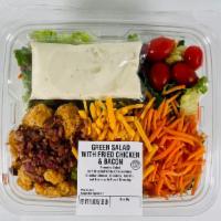 Fried Chicken Salad 16.5 oz. · Romaine Salad with Breaded White Chicken Meat, Cheddar Cheese, Tomatoes, Carrots and Bacon w...