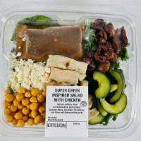 Super Greek Salad 12.75 Oz. · Spinach and Kale Salad with Grilled White Chicken Meat, Garbanzo Beans, Cucumber, Feta Chees...
