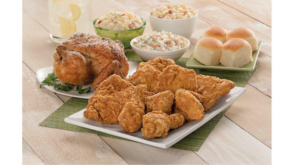 8 Piece Chicken Meal Deal · Includes: Choice of 8 piece Fried or Roasted Chicken, 4 ct. Kings Hawaiian Rolls, 1 LB. Potato or Macaroni Salad, 1 LB. Macaroni and Cheese or Jojo Potatoes