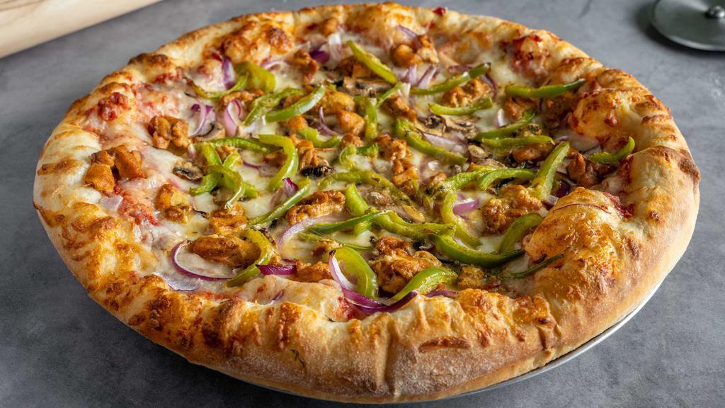 Garlic Chicken · Grilled chicken in garlic sauce, with onion, cheese, bell pepper, and mushrooms.