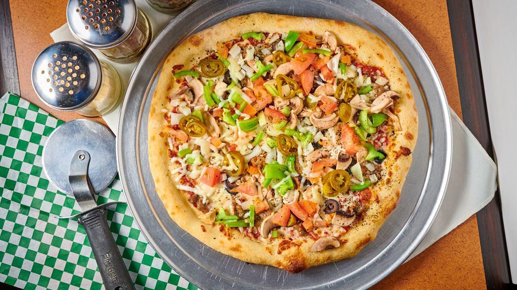 Veggie · Everyone's favorite with onion, cheese, bell pepper, tomato, mushroom, olives and jalapenos!