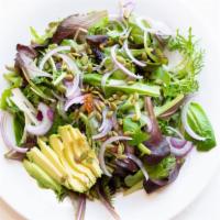 Salad Pepita-Avocado · Mixed greens, sliced avocado, toasted pepita, red onion, golden raisins and lime dressing.