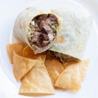 Carne Asada Burrito · warm flour tortilla filled with grilled skirt steak, your choice of black or pinto beans, ri...