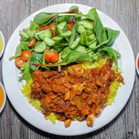 Vegan Gyro Rice Bowl · Vegan, gluten free, vegetarian. House made vegan gyro, rice, house salad, tahini sauce.