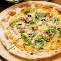 The Veggie Pizza · Green peppers, mushrooms, onions, black olives, fresh garlic, tomato sauce, and mozzarella.