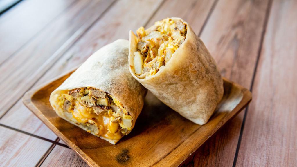Sausage Breakfast Burrito · Sausage mixed with seasoned potatoes, Eggs, and Cheese.