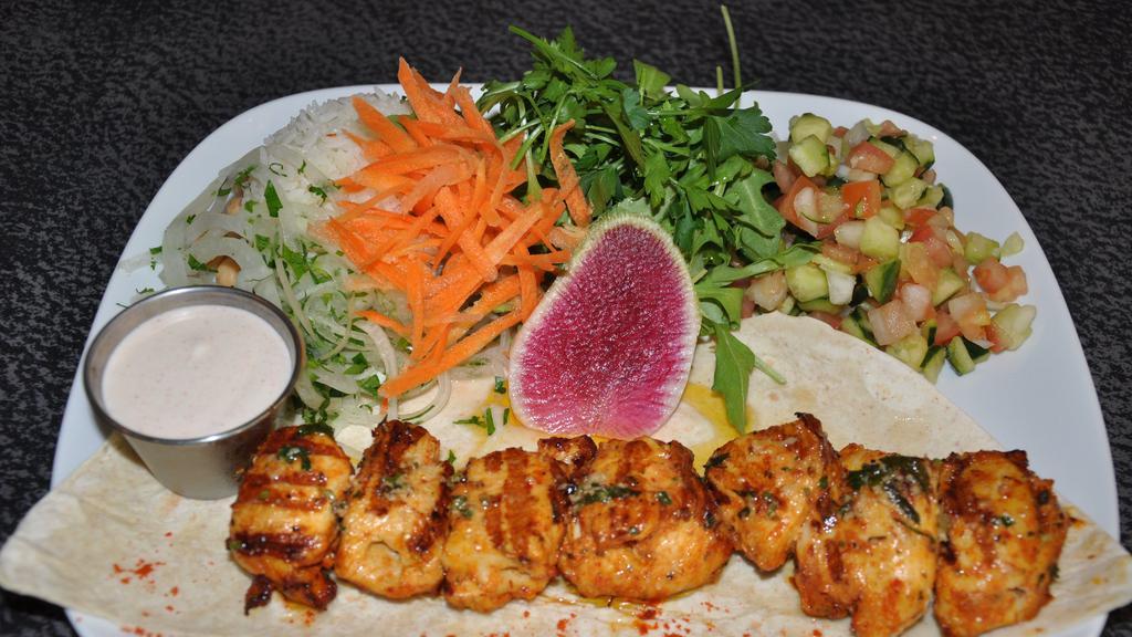 Chicken Skewer Plate · Contains dairy. Can choose Gluten free