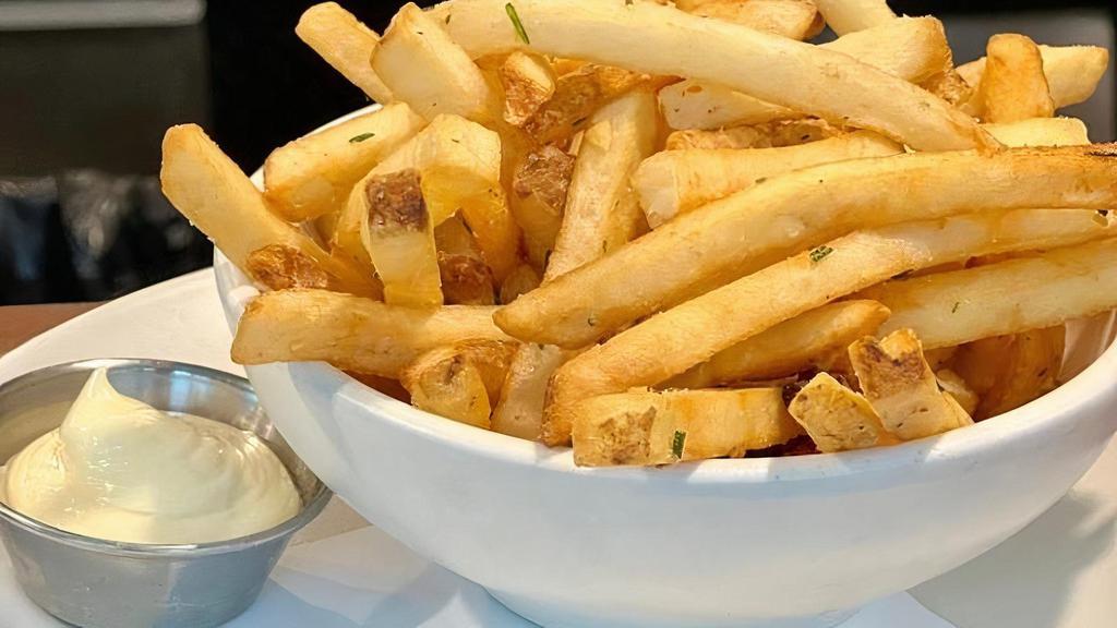 Fries · french fries tossed in fried garlic & rosemary, served with aioli
