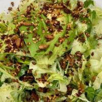 L All Green Salad · little gems, cabbage, cucumber, snap peas, avocado, scallions, pea sprouts, white radish, gr...