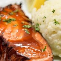 Cedar Planked Salmon · Baked with Honey Orange Glaze, Creamy Risotto and Fresh Vegetables