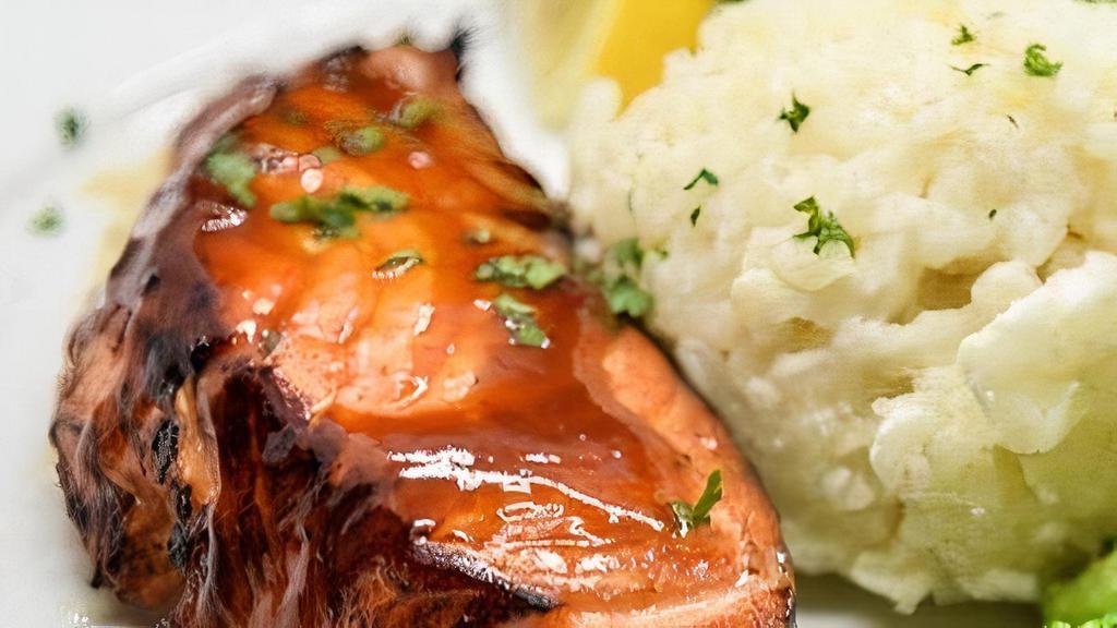Cedar Planked Salmon · Baked with Honey Orange Glaze, Creamy Risotto and Fresh Vegetables