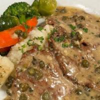 Veal Picatta · Sauteed with Lemon, Butter and Capers, served with Risotto and Seasonal Vegetables