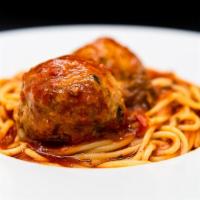 Spaghetti & Meatballs · Spaghetti with Bolognese Sauce with Two Large Meatballs made with Pork and Turkey