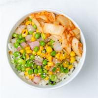 Kimchi Cauliflower Fried Rice · Roasted cauliflower rice, vegan kimchi, peas, corn, green onions, and sesame seeds with our ...