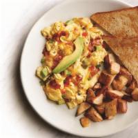 Anaheim Scrambler · scrambled eggs, bacon, tomato, green onion, cheddar, avocado