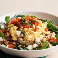 Power Breakfast Egg Bowl · scrambled eggs, ancient grains, chickpeas, oven-roasted tomato, fresh mozzarella, pesto* and...